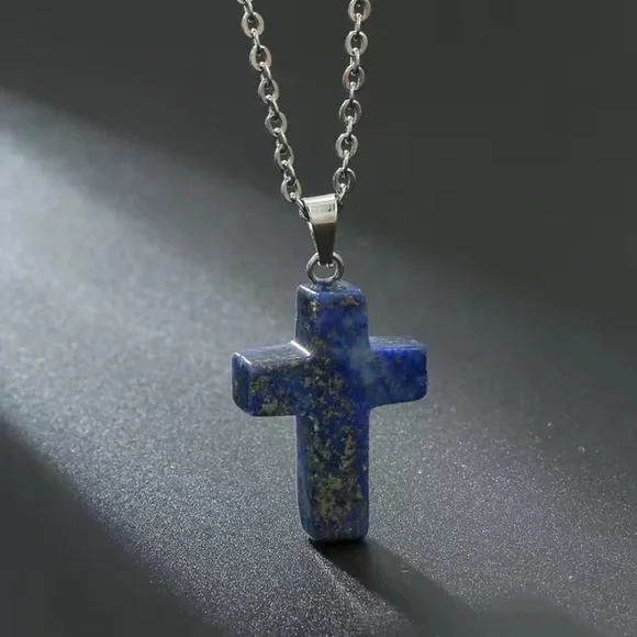 2/$20 Genuine Lapis Lazuli cross necklace with chain - Picture 1 of 1
